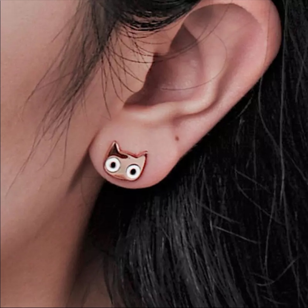 Rose Gold Plated Cat Stud Earrings - Picture 2 of 6